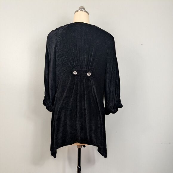 Velvet Top M Black Velour Blouse Button Whmsigoth Laggenlook 3/4 Sleeve Flowy - Picture 3 of 11